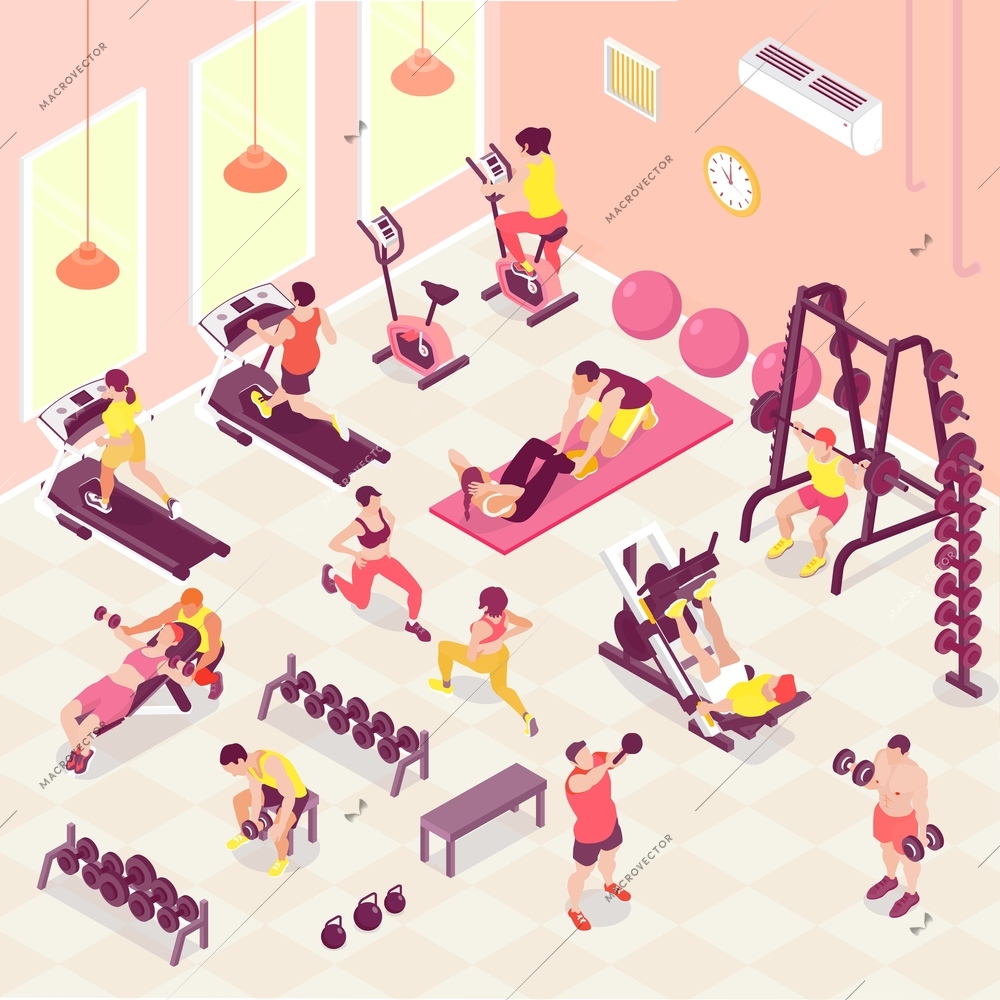 Male and female people doing fitness cardio and weight trainings in gym 3d isometric vector illustration