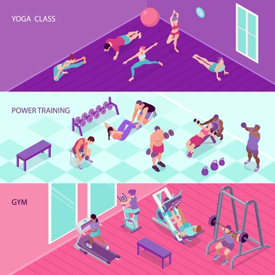 Horizontal fitness banners set with people in gym and at yoga class 3d isometric isolated vector illustration