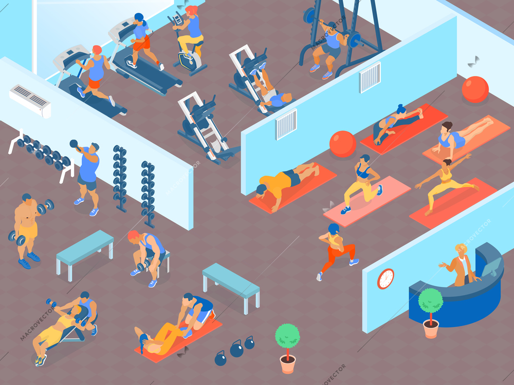 People at big gym with areas for cardio weight trainings and fitness classes 3d horizontal isometric vector illustration