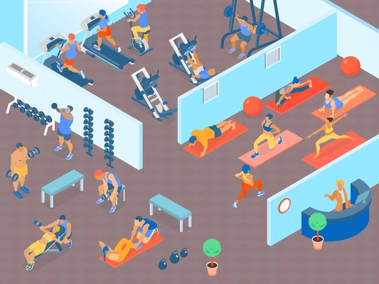 People at big gym with areas for cardio weight trainings and fitness classes 3d horizontal isometric vector illustration