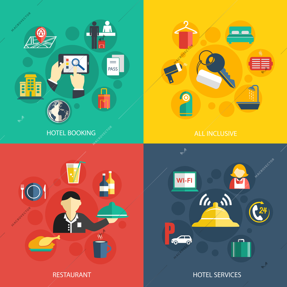 Hotel accommodation services concept flat icons set of room booking business trip restaurant food and reception bell for infographics design web elements vector illustration