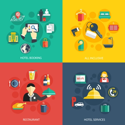 Hotel accommodation services concept flat icons set of room booking business trip restaurant food and reception bell for infographics design web elements vector illustration