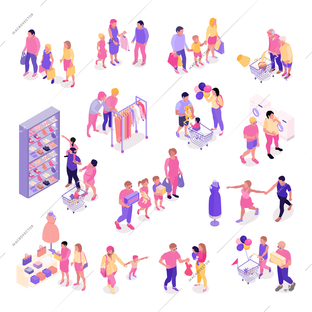 Isometric set of colorful icons with families shopping for clothes shoes interior objects isolated on white background 3d vector illustration