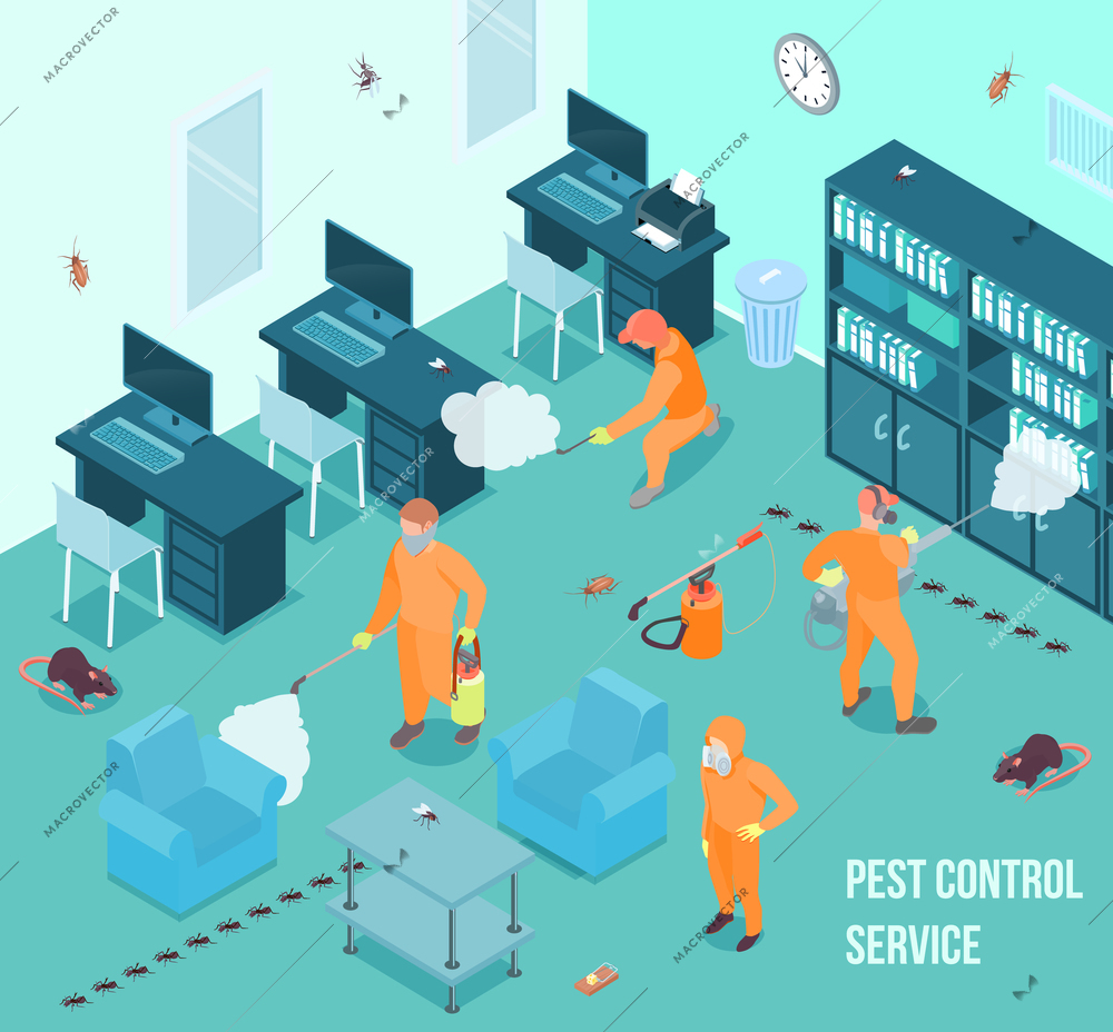 People from pest control service doing disinfection in office 3d isometric vector illustration