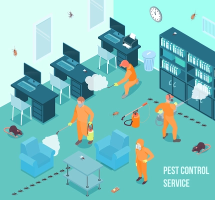 People from pest control service doing disinfection in office 3d isometric vector illustration