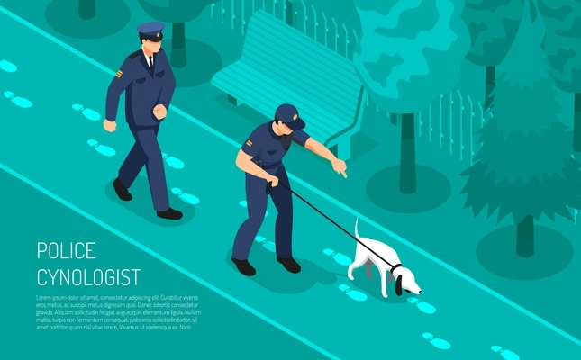 Police cynologist special footsteps tracking dog training assisting detective inspectors in crime investigation isometric composition vector illustration