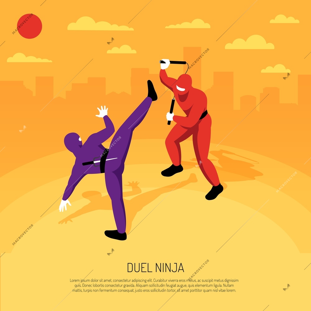 Unbeatable ninja warrior duel with  stickman character action game advertising poster isometric composition cityscape background vector illustration