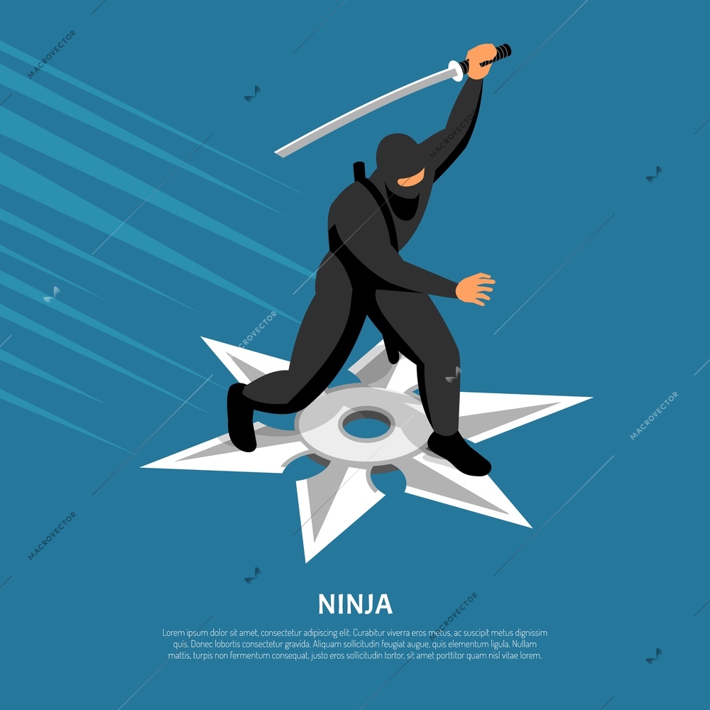Unbeatable ninja warrior character in action pose on silver star symbol isometric blue background poster vector illustration