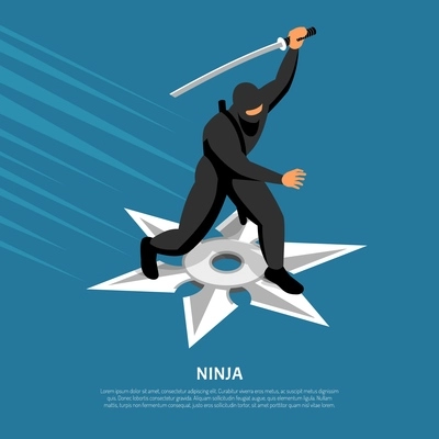 Unbeatable ninja warrior character in action pose on silver star symbol isometric blue background poster vector illustration