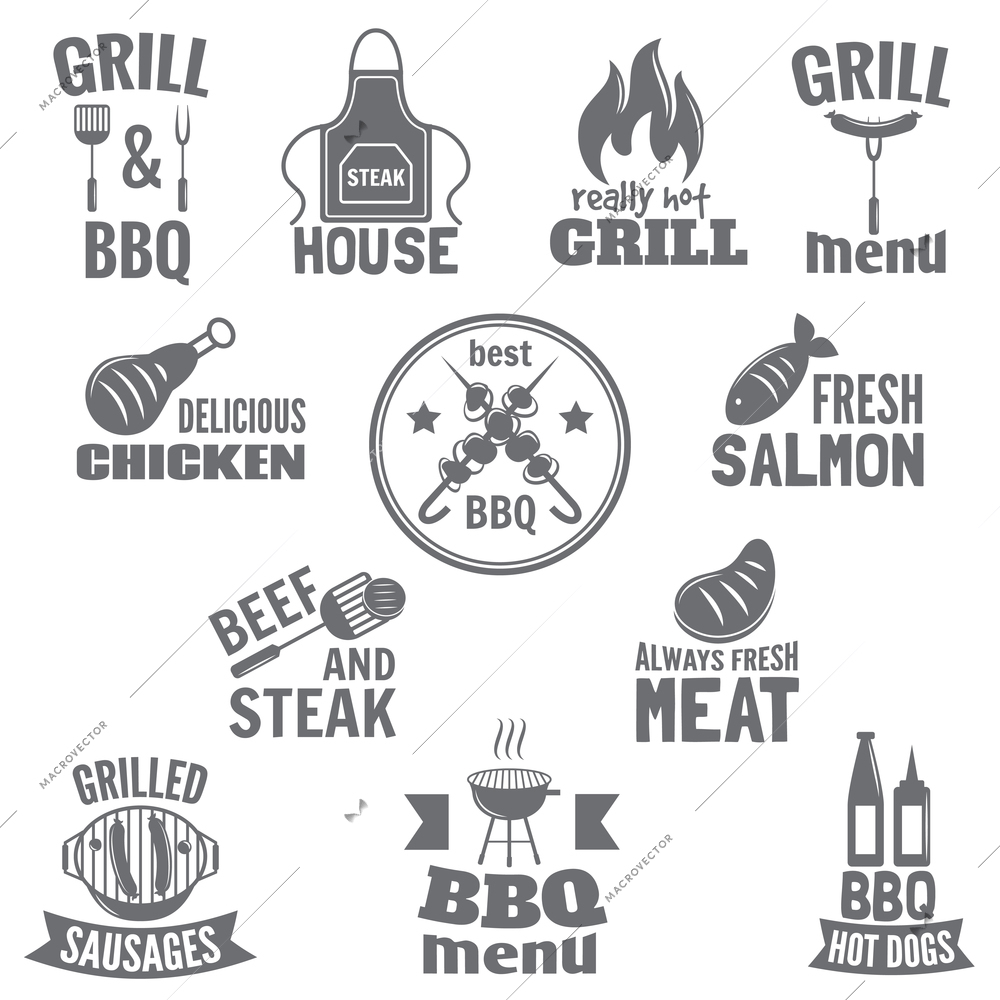 Bbq grill label steak fish and meat restaurant menu set isolated vector illustration