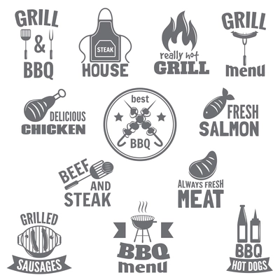 Bbq grill label steak fish and meat restaurant menu set isolated vector illustration