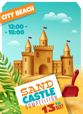 Sandy castle competition poster with date and time event advertising realistic vector illustration