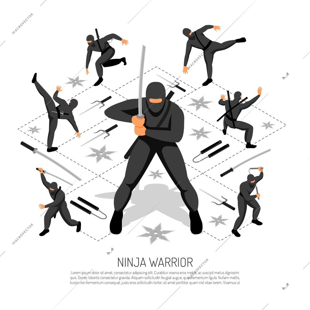 Ninja warrior unbeatable stickman character in various action poses isometric interactive video game advertisement poster vector illustration