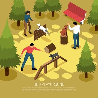 Cynologist training domestic dogs service on outdoor playground mastering climbing balance jumping skills isometric composition vector illustration