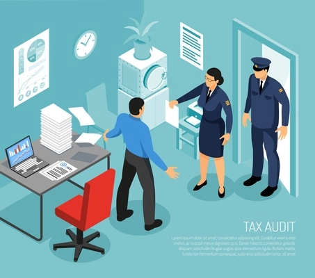 Tax audit in business office with 2 inspectors and failed meeting deadline accountant isometric composition vector illustration