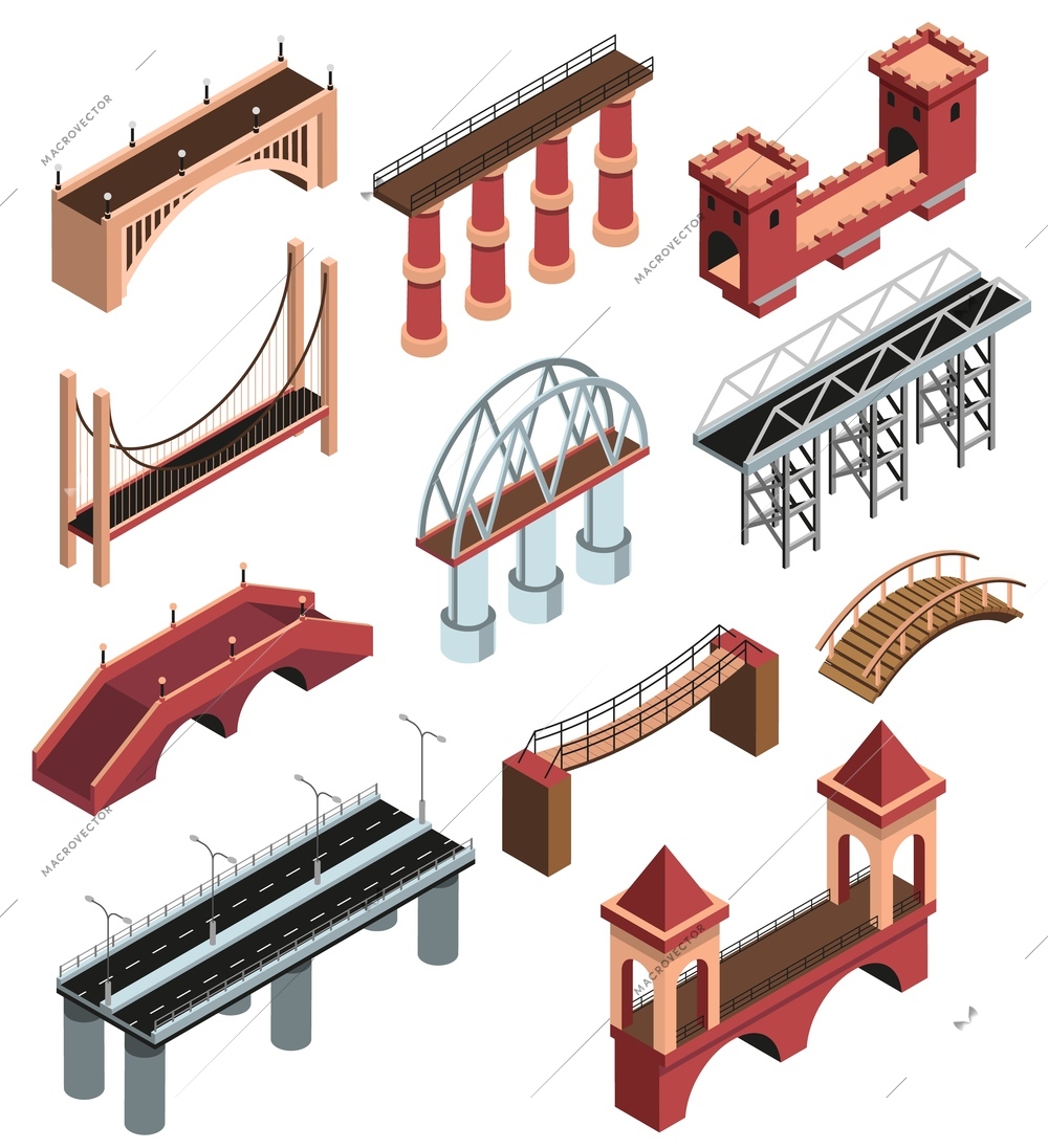 Bridges details isometric elements collection with modern metallic constructions ancient wooden stone viaducts spans isolated vector illustration