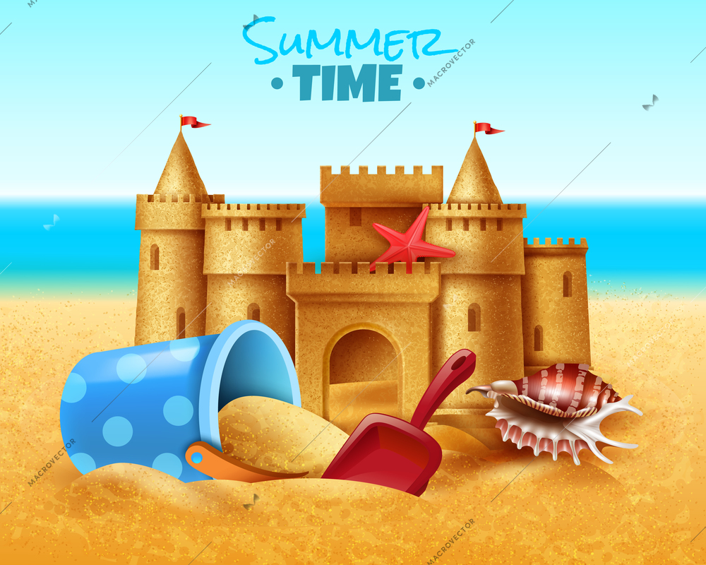 Summer time realistic vector illustration with sand castle and children  sandpit toys on south sea beach