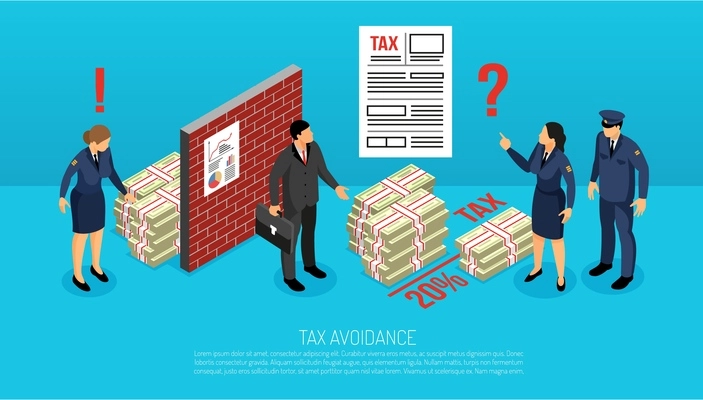 Tax evasion horizontal isometric composition with inspectors finding illegally intentionally avoided contributions by business manager vector illustration