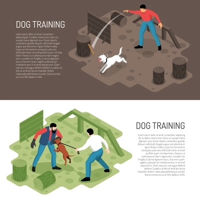 Cynologist dog training 2 isometric horizontal banners with park playground specific tasks learning activities ddescription vector illustration
