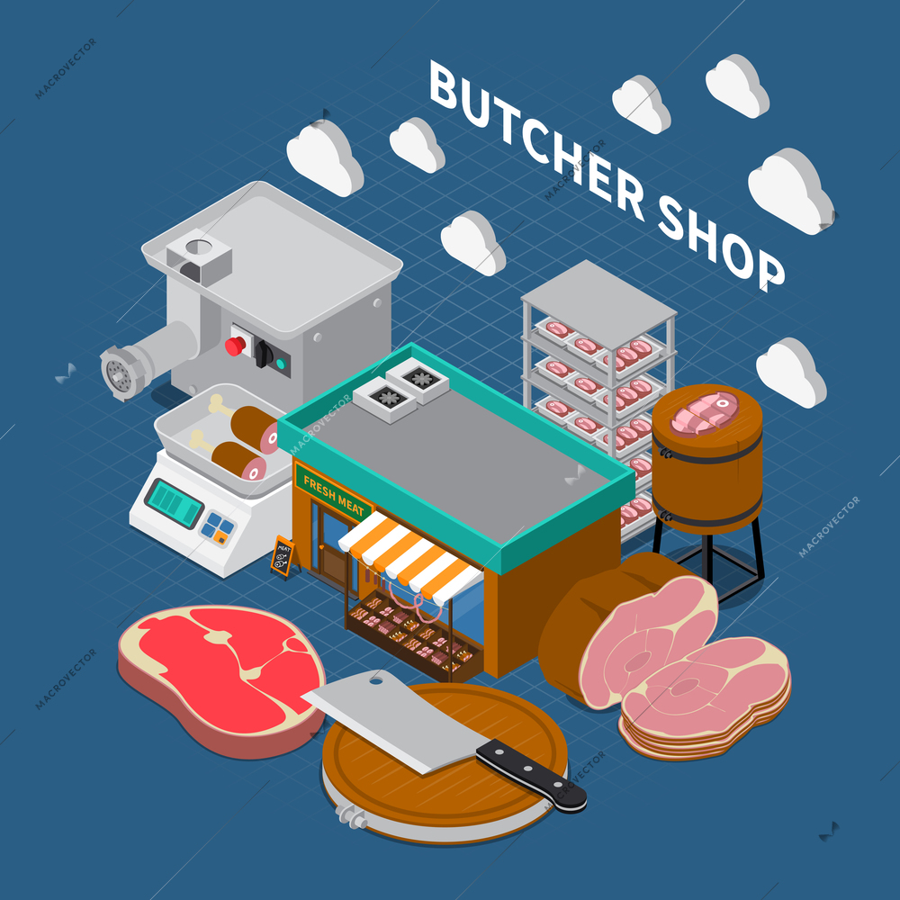 Butchery sausage shop isometric composition with composition of grocery store outdoor images with text and icons vector illustration