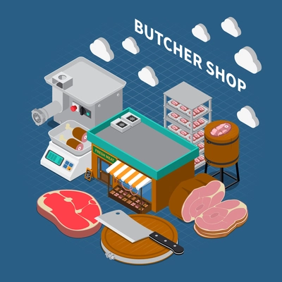 Butchery sausage shop isometric composition with composition of grocery store outdoor images with text and icons vector illustration