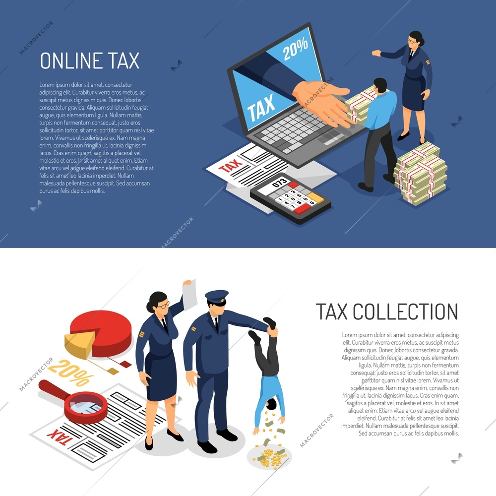 Online income tax declaration and inspectors symbolic collecting cash from individual 2 horizontal isometric banners vector illustration