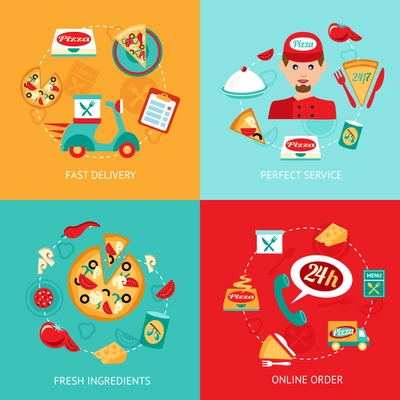 Fast food pizza delivery perfect service fresh ingredients online order decorative icons set isolated vector illustration