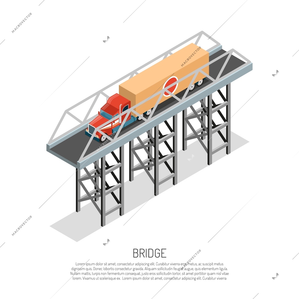 Viaduct bridge metallic construction small span detail isometric composition with cargo auto educative poster text vector illustration