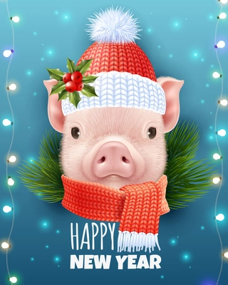 Christmas realistic vector illustration with pig head in winter knitted cap and happy new year inscription