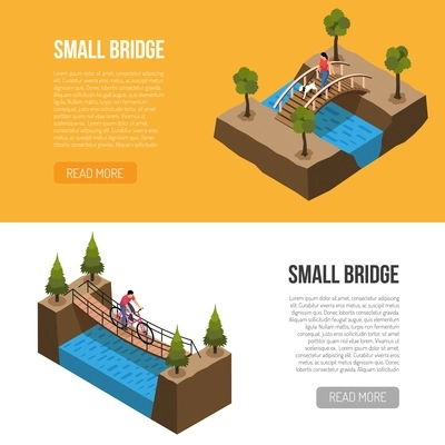 Historical little bridges features 2 isometric horizontal banners web page design with different wooden constructions vector illustration