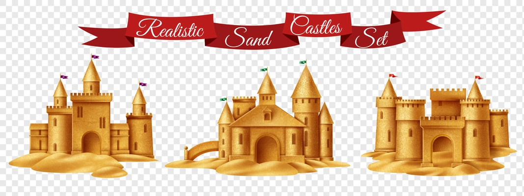 Sand castle retro set on transparent background with red header ribbon realistic vector illustration