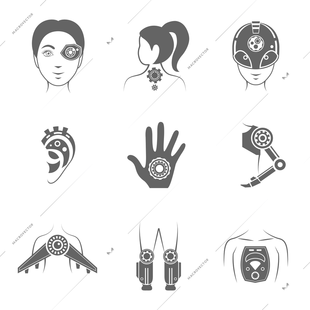 Human robot futuristic digital body parts black icons set  isolated vector illustration