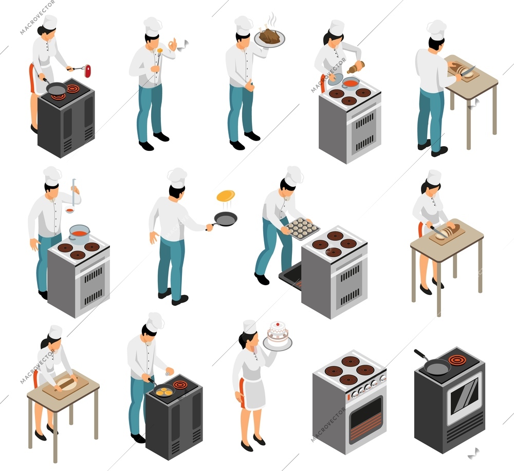 Professional kitchen range equipment cook chef food preparation waiter service isometric elements icons set isolated vector illustration