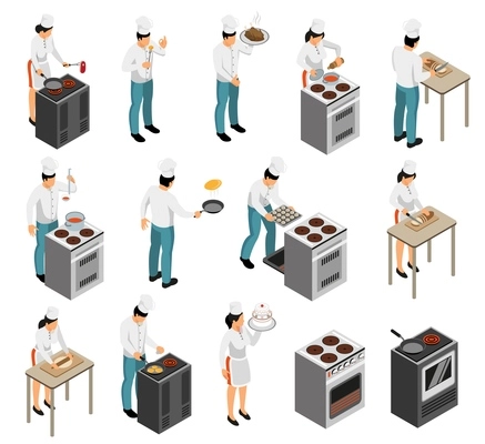 Professional kitchen range equipment cook chef food preparation waiter service isometric elements icons set isolated vector illustration