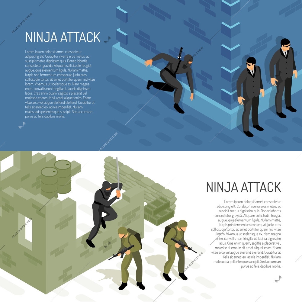 Video games ninja character warrior attacks soldiers and civil agents 2 horizontal isometric background banners vector illustration