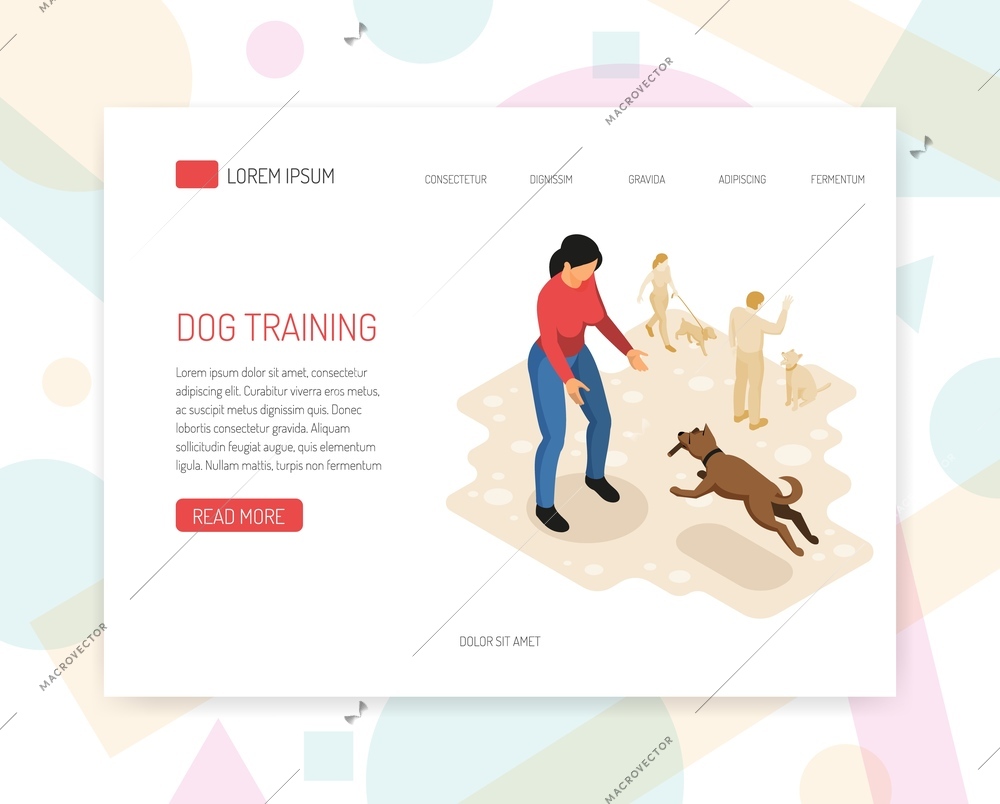 Cynologyst dog training behavior analysis specific tasks undertaking interaction with environment web page isometric design vector illustration