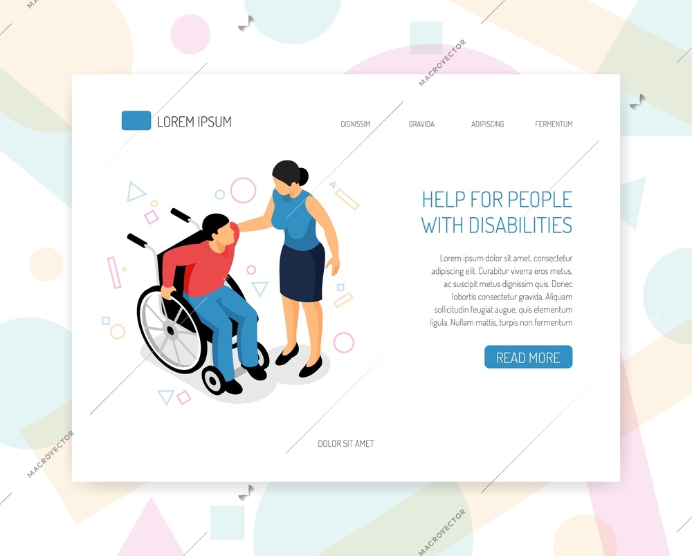 Disabled people help organizations volunteers training fundraising isometric web page design with providing wheelchair assistance vector illustration