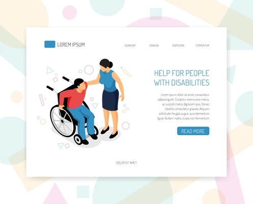 Disabled people help organizations volunteers training fundraising isometric web page design with providing wheelchair assistance vector illustration