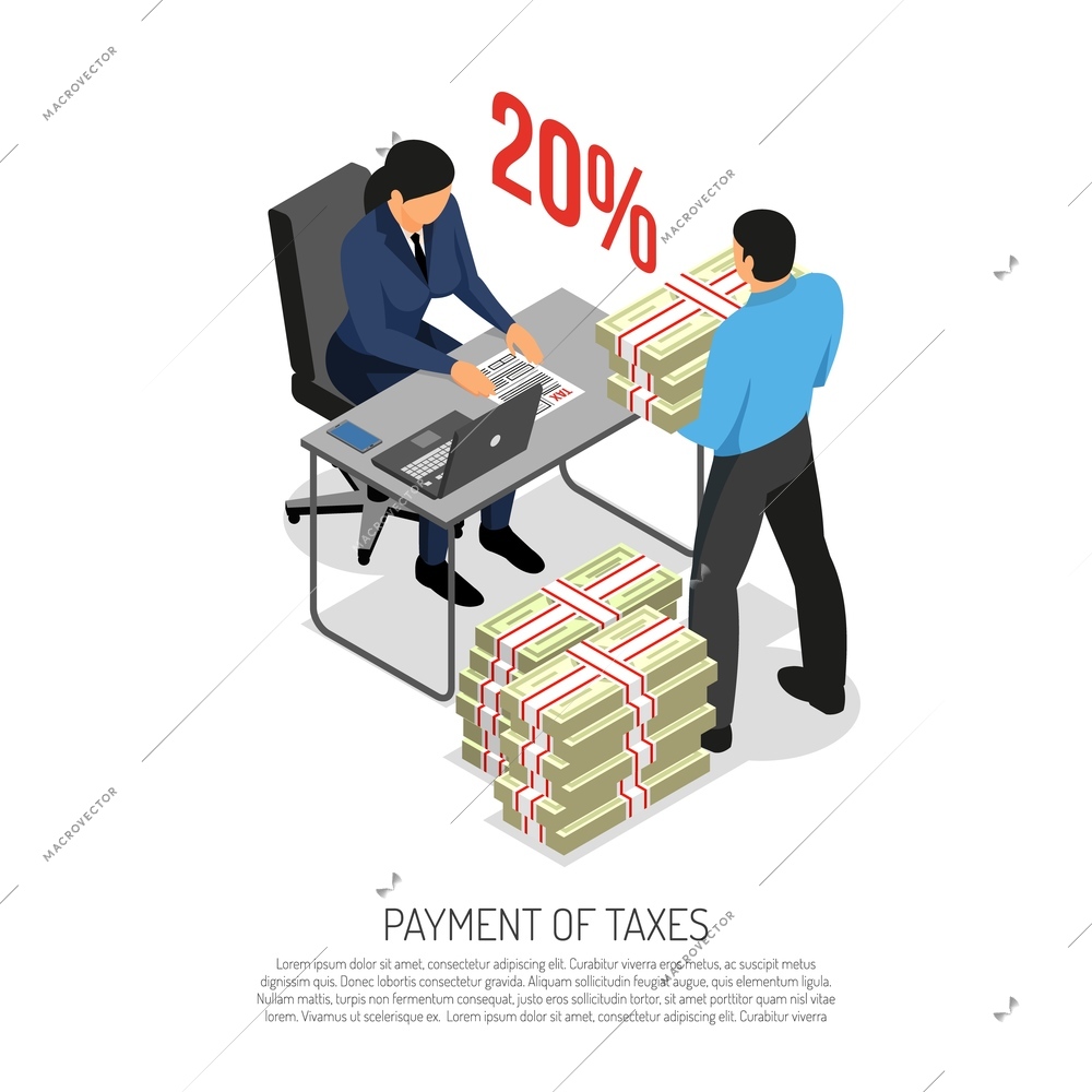 Tax payments collection isometric composition poster with inspector checking declaration and business accountant bringing banknotes vector illustration