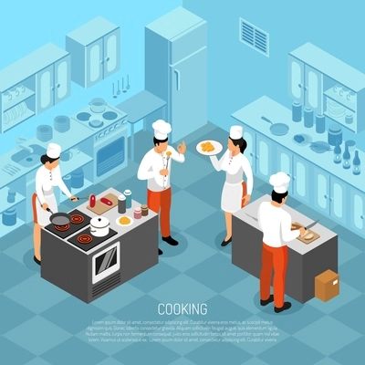 Professional cooks chef kitchen staff butchering meat making saus preparing food for service isometric composition vector illustration