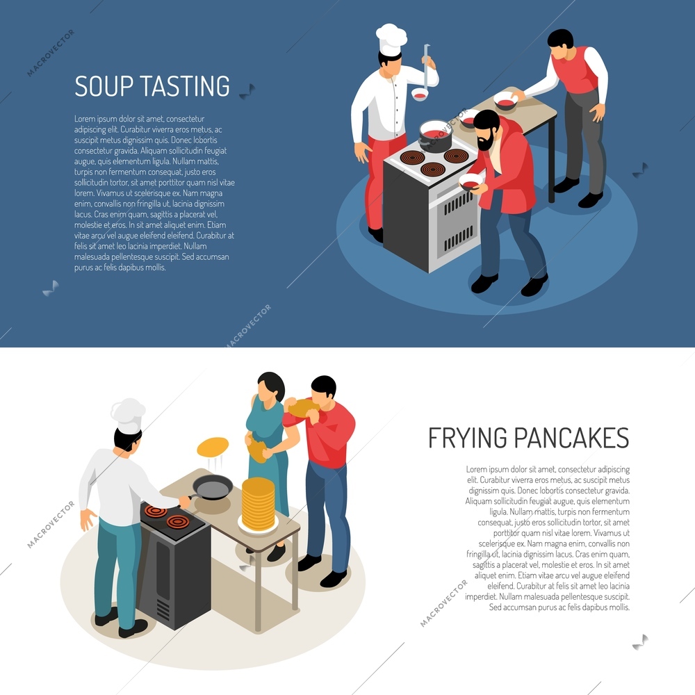 Chef cook food preparation duties 2 isometric horizontal banners with frying pancakes soup taste checking vector illustration