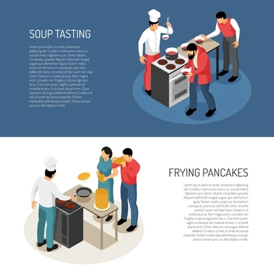 Chef cook food preparation duties 2 isometric horizontal banners with frying pancakes soup taste checking vector illustration