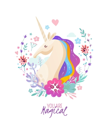 Magical poster with unicorn portrait painted in rainbow colors framed by branches and flowers cartoon vector illustration