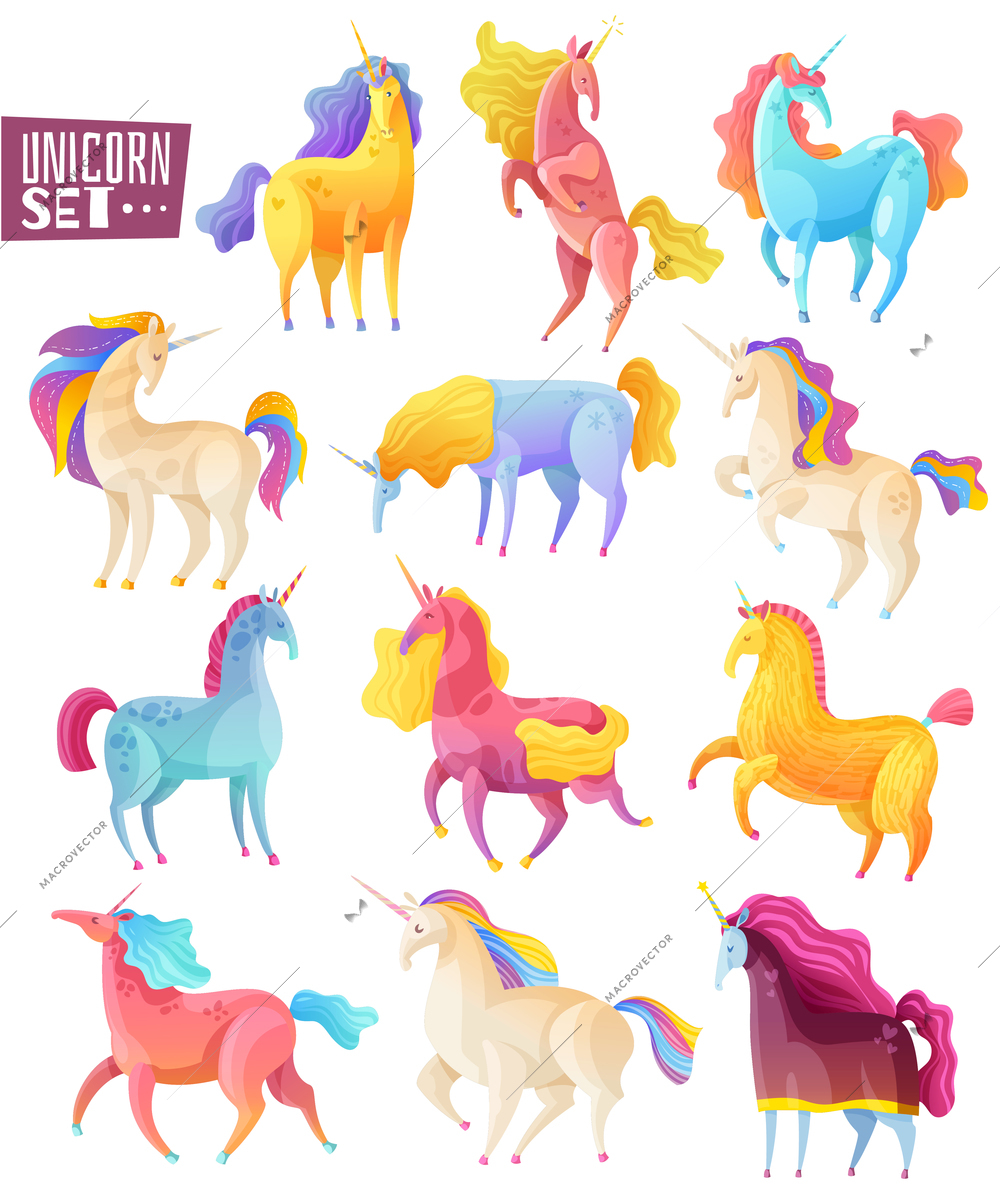 Collection of magic unicorns in different poses painted in various colors in cartoon style isolated vector illustration