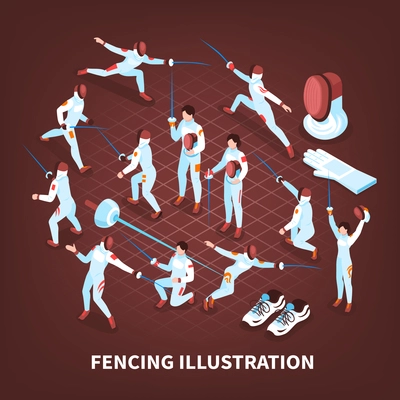 Isometric fencing background with set of isolated human characters of swordsmen and pieces of epeeist equipment vector illustration