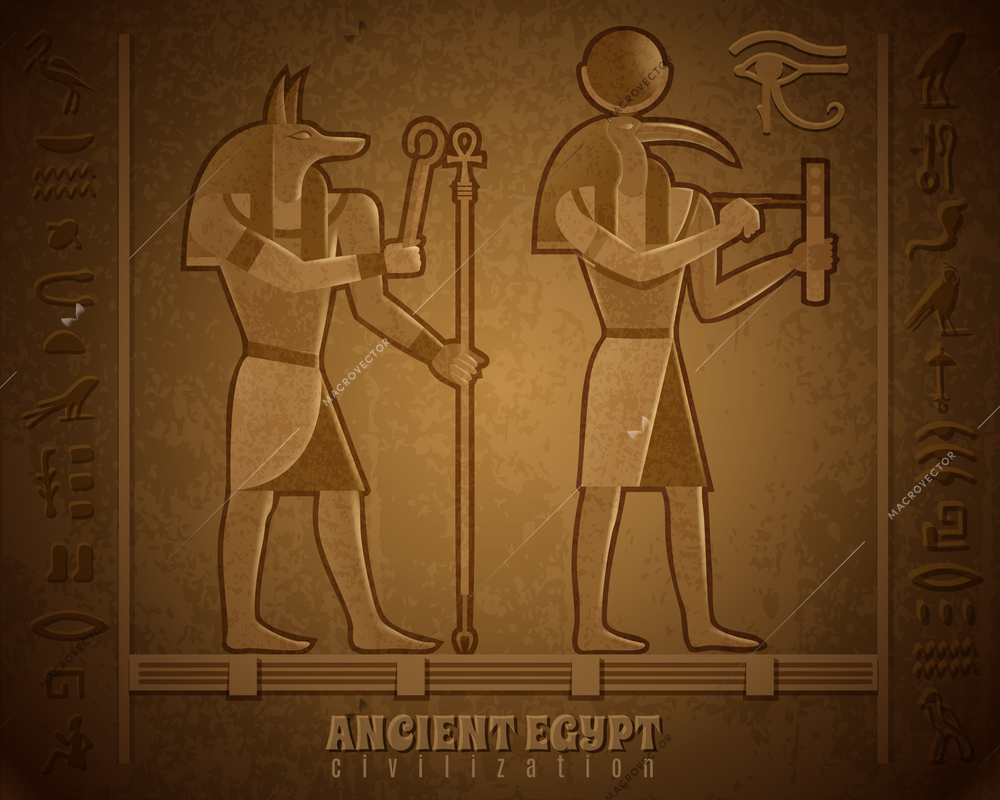 Ancient egyptian civilization cartoon vector illustration with images of famous mystical deities with animal heads