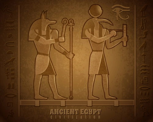 Ancient egyptian civilization cartoon vector illustration with images of famous mystical deities with animal heads