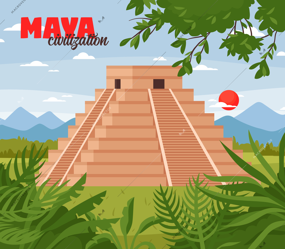 Maya civilization landscape illustration with outdoor jungle scenery with skyline and pyramid shaped ancient maya building vector illustration