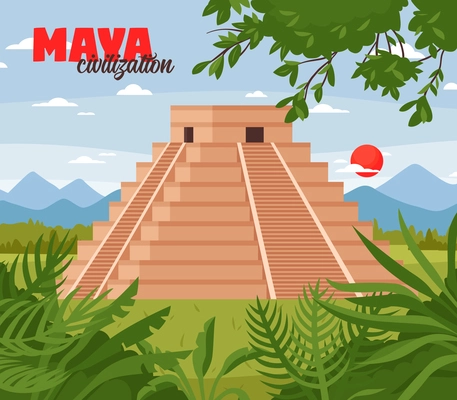 Maya civilization landscape illustration with outdoor jungle scenery with skyline and pyramid shaped ancient maya building vector illustration