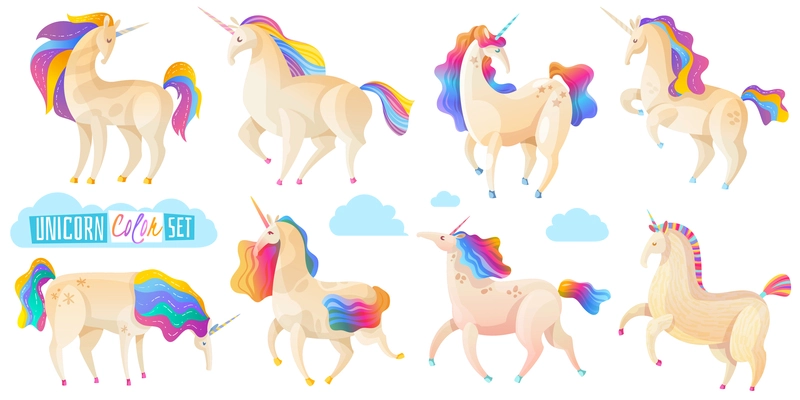 Set of magic unicorns in various poses with tail and mane painted in rainbow colors cartoon vector illustration